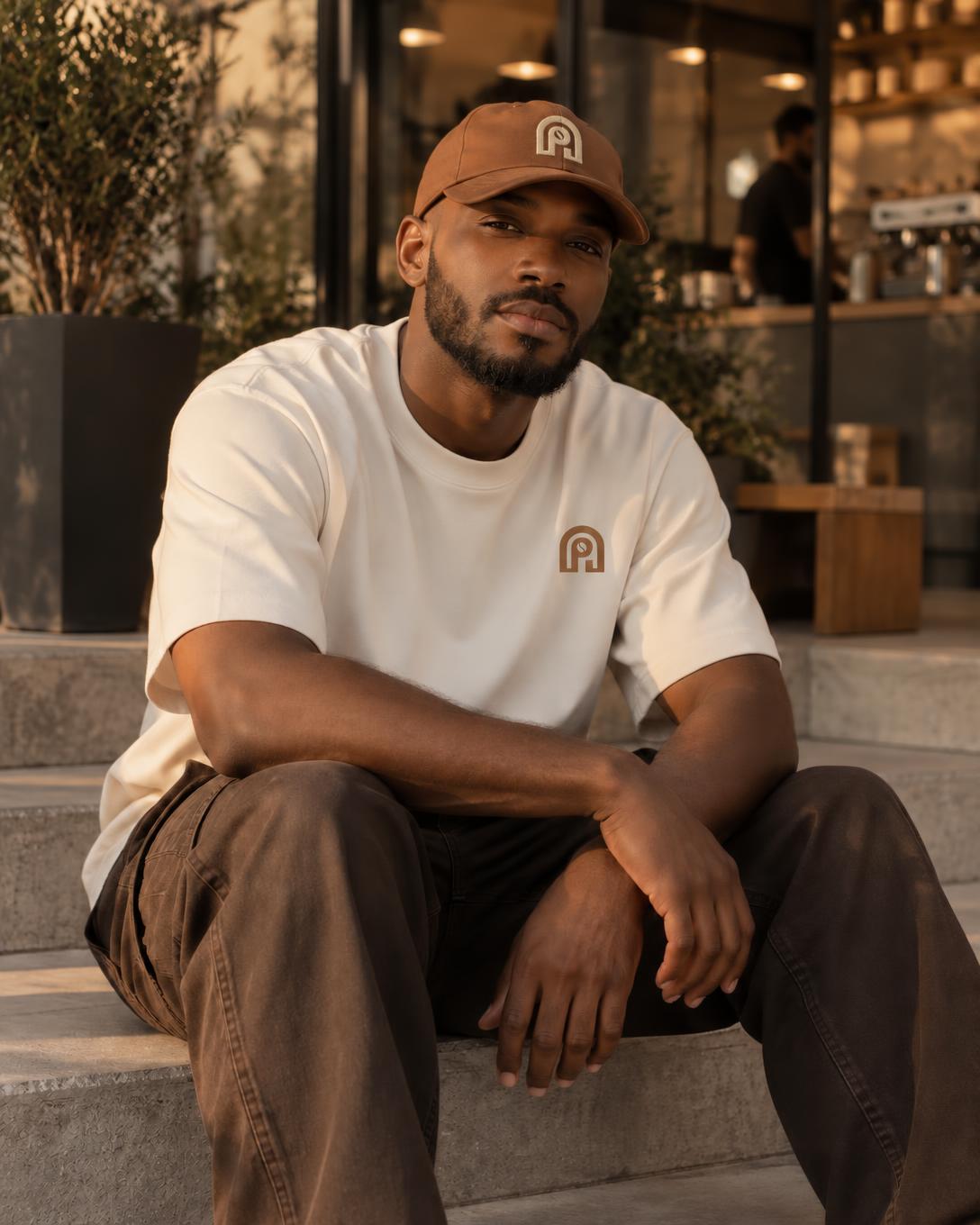 A man sitting on café steps in a toffee NAPPUCCI baseball cap and crème tee, both carrying the arch logo