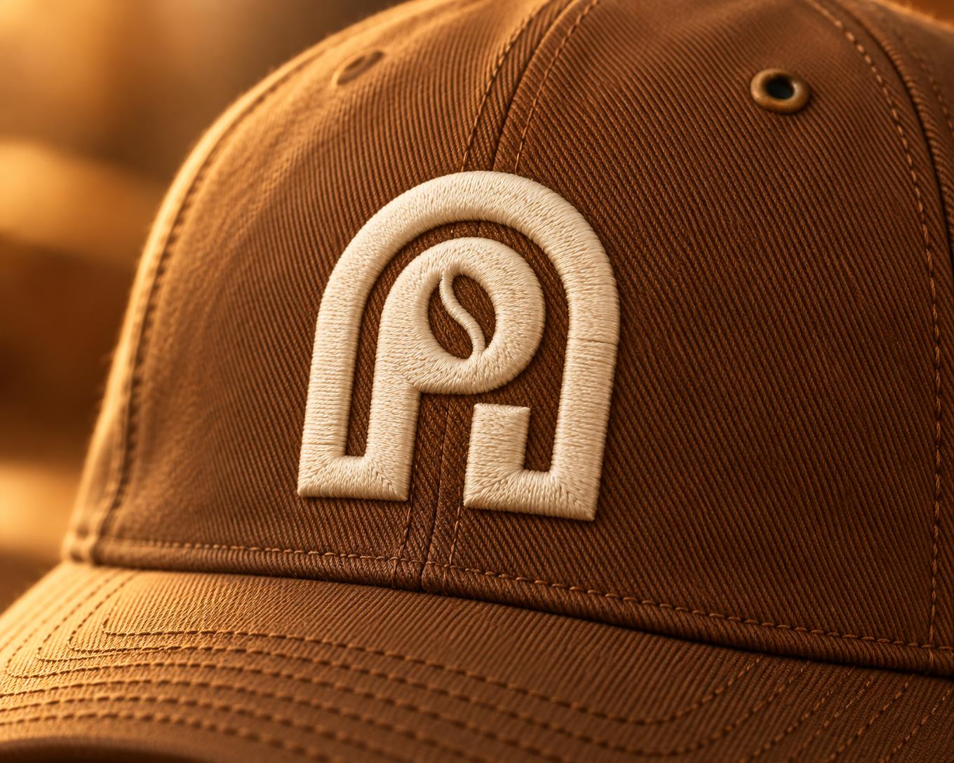 Close-up of the NAPPUCCI arch logo in raised crème 3D embroidery on a toffee twill cap, showing panel seams, eyelet and brim top-stitching