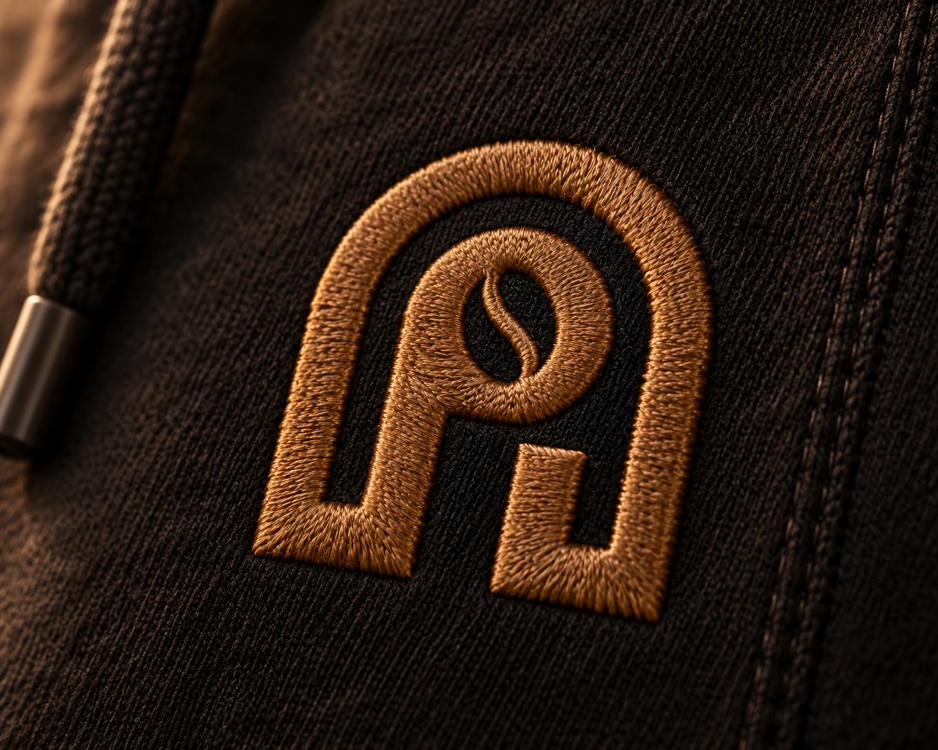 Close-up of the NAPPUCCI arch logo in raised caramel satin-stitch embroidery on a long-black fleece hoodie, beside a double-needle seam and drawcord