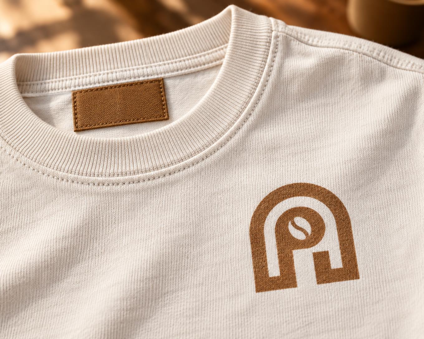 Close-up of a flat-white heavyweight tee showing the ribbed collar, twin-needle stitching, a caramel neck label and the NAPPUCCI arch logo print