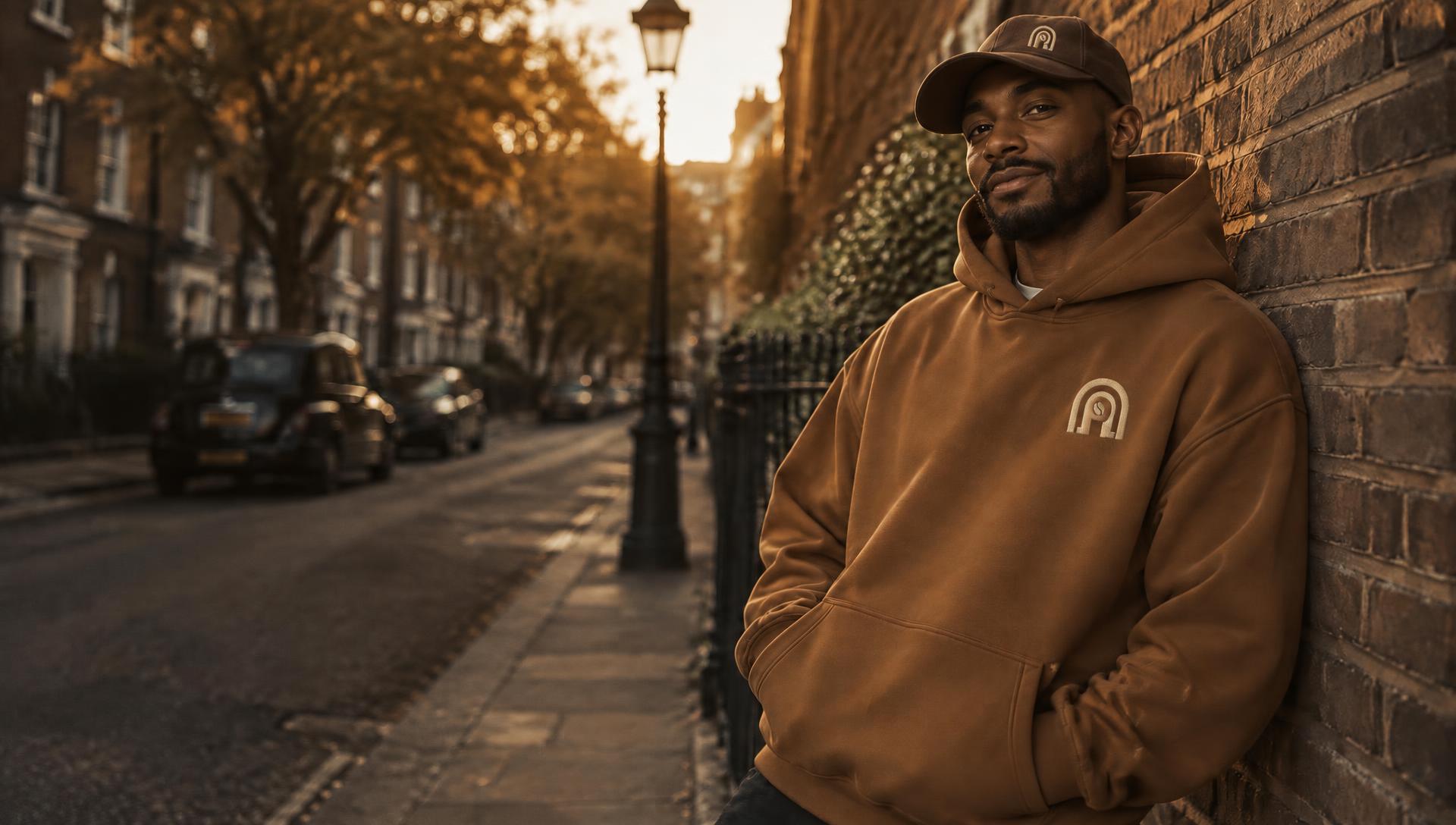 A man in a caramel NAPPUCCI hoodie and mocha cap, both embroidered with the arch logo, leaning against a brick wall on a London street at golden hour