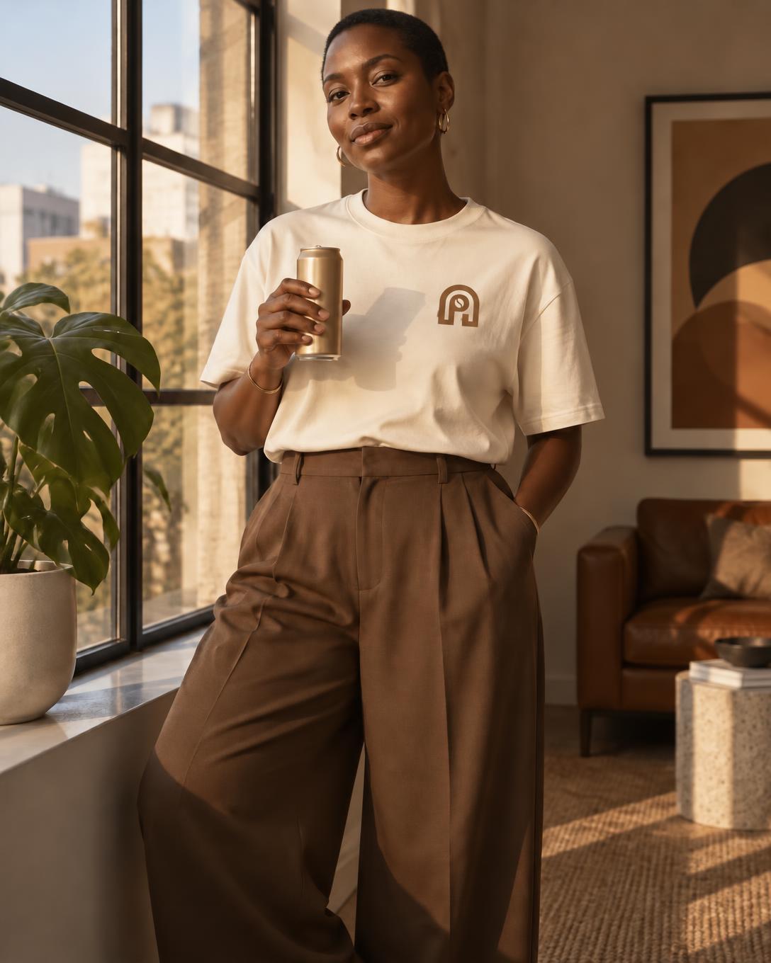 A woman with cropped hair in a boxy flat-white NAPPUCCI tee with the caramel arch logo printed on the chest, holding a chilled can by a sunlit window