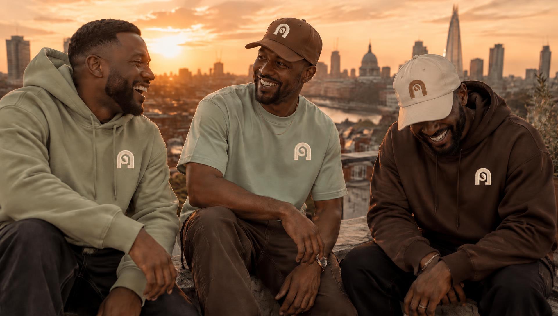 Three friends laughing on a London rooftop at sunset in pistachio, minted and roasted NAPPUCCI hoodies, tees and caps, each with the arch logo