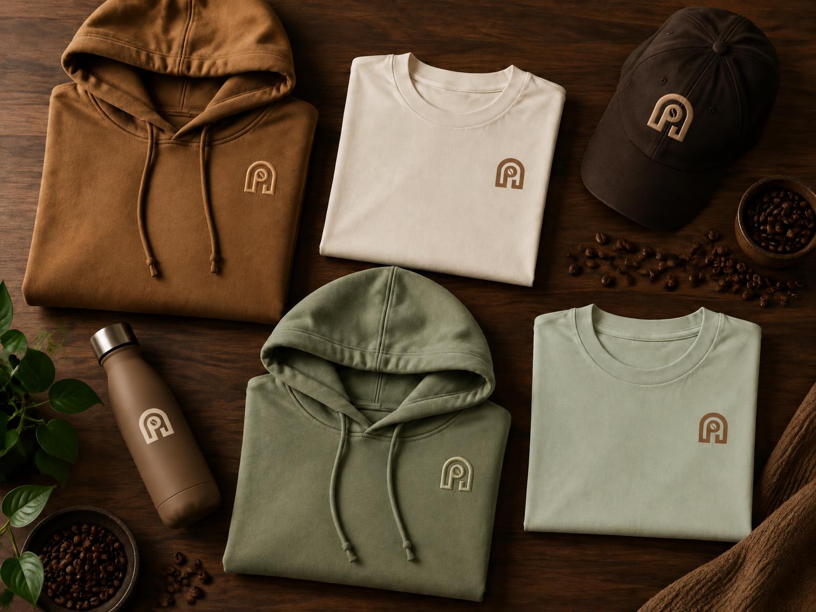 Flat-lay of NAPPUCCI pieces, each carrying the arch logo: a caramel hoodie, cream tee, espresso-brown cap, pistachio hoodie, mint tee and a toffee reusable water bottle with coffee beans on dark wood