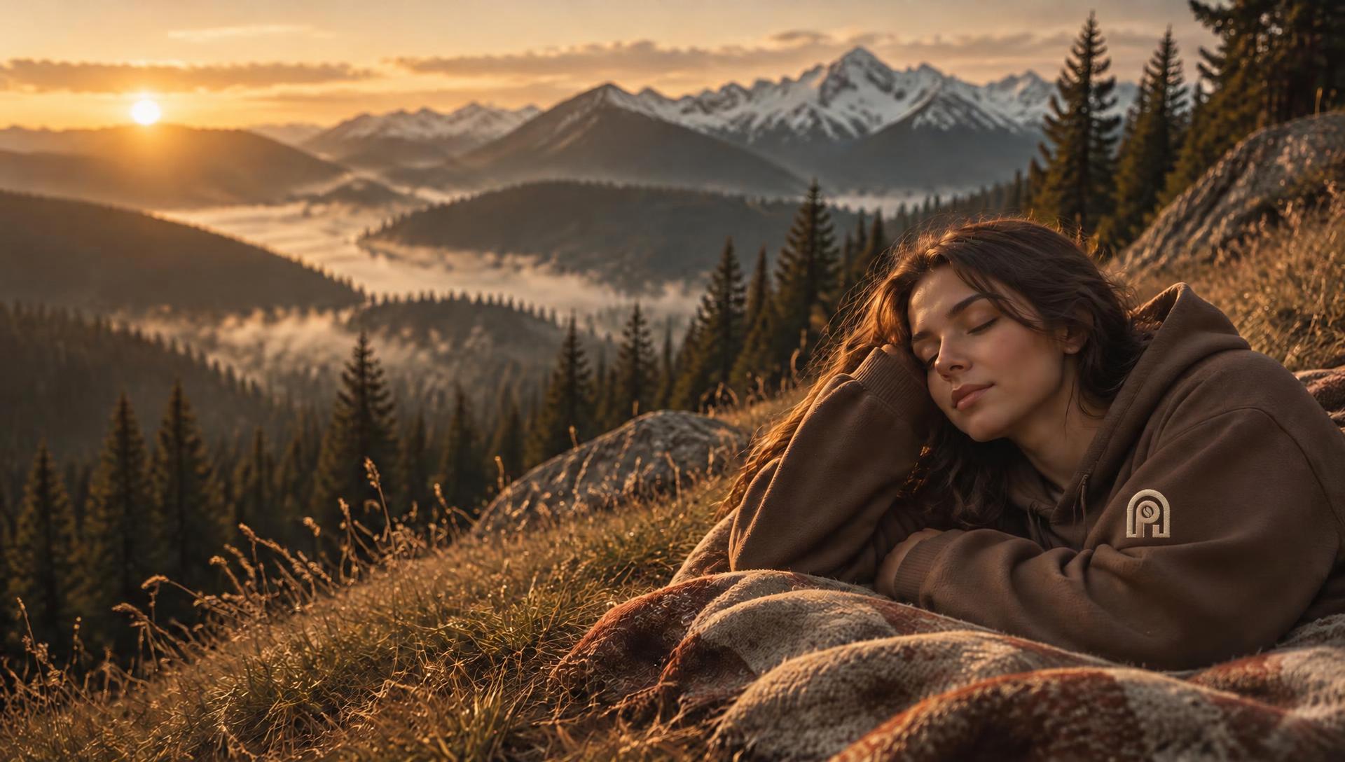 A woman in a mocha NAPPUCCI hoodie with the arch logo on the sleeve, resting with her eyes closed on a forest mountain slope at golden hour, misty valley and snowy peaks behind her
