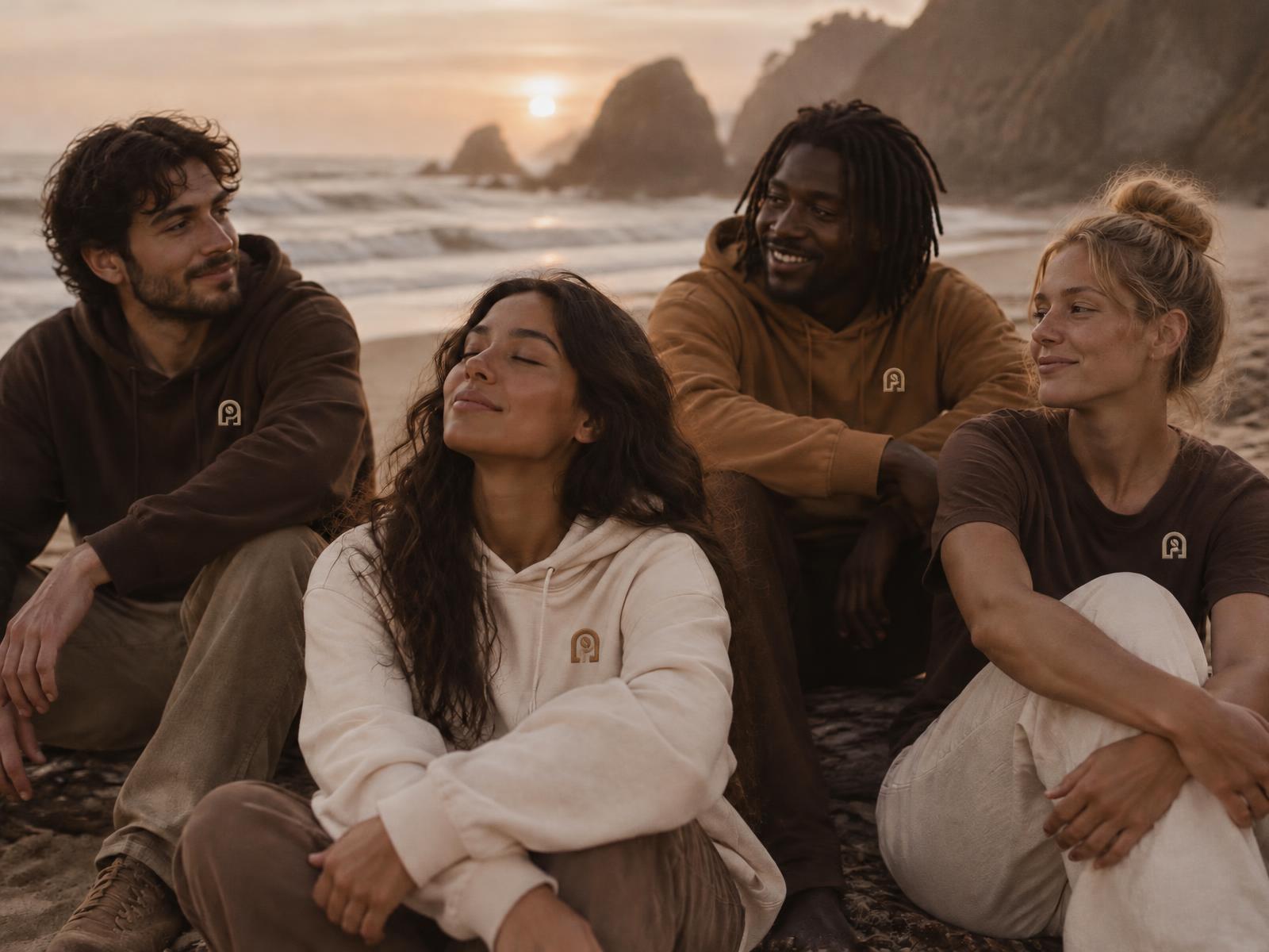 Four friends in coffee-coloured NAPPUCCI hoodies and tees, each with the arch logo, sitting together on a calm beach at sunrise, one pausing with her eyes closed