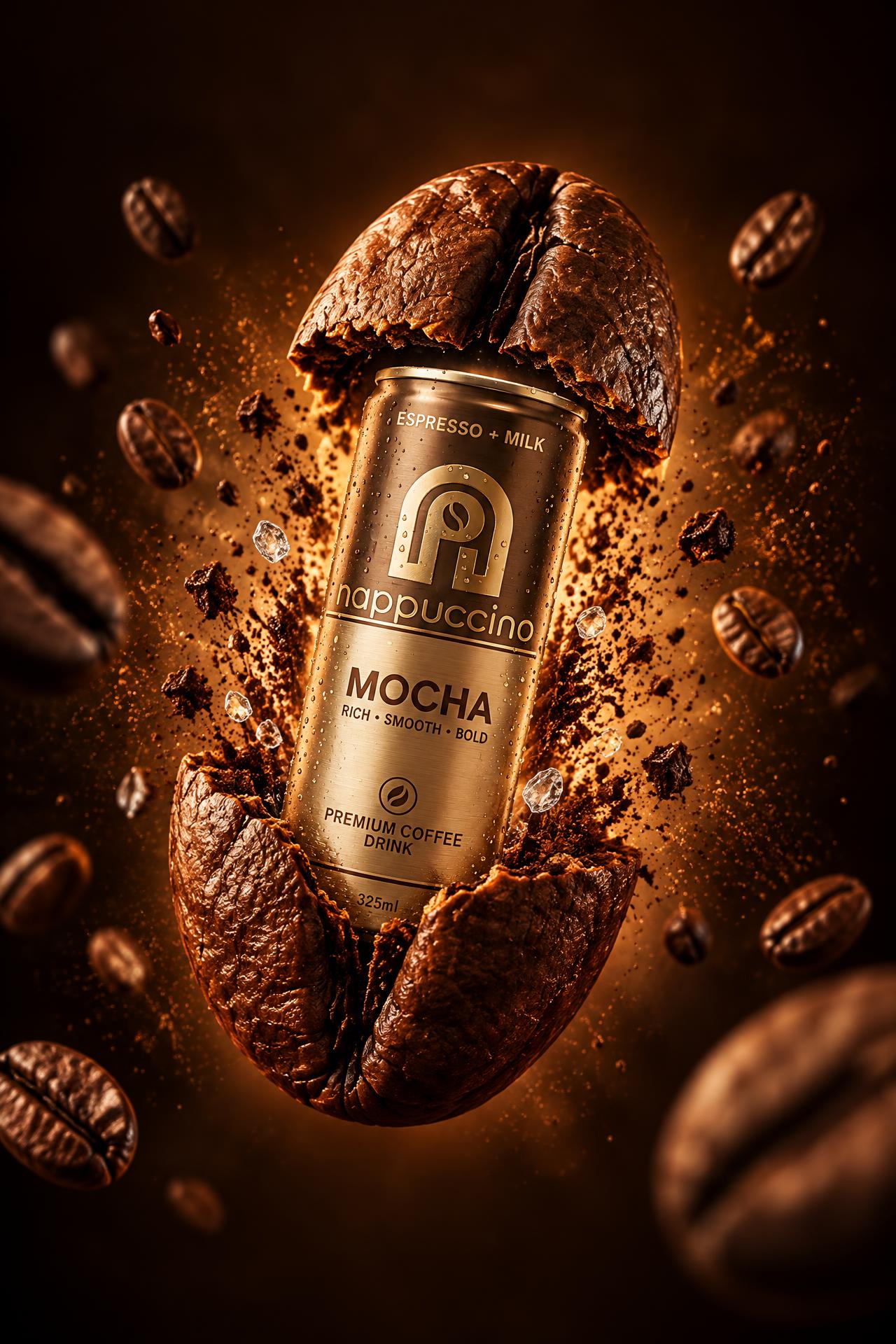 Nappuccino Mocha can bursting out of a giant cracked coffee bean, with coffee grounds, ice and floating beans
