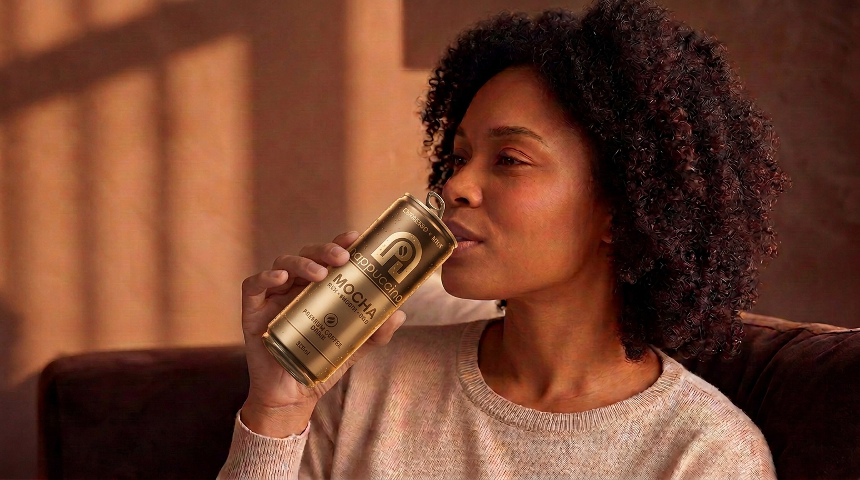 The woman from the sofa scene sipping from an open Nappuccino Mocha can in warm afternoon light